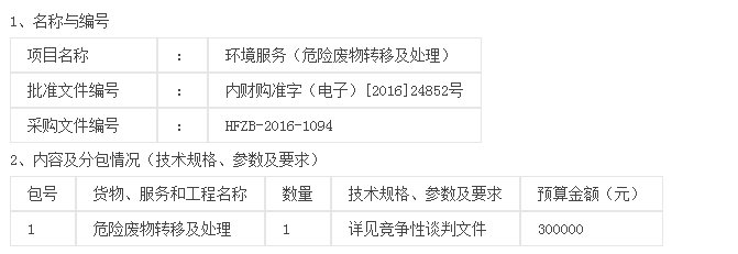 内蒙古化工职业学院环境服务（危险废物转移及处理）竞争性谈判预审公告