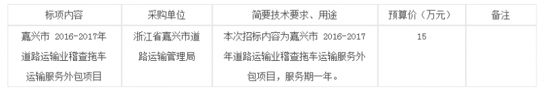 华耀-ZJHY-2016-16（2）号嘉兴市2016-2017年道路运输业稽查拖车运输服务外包项目招标公告