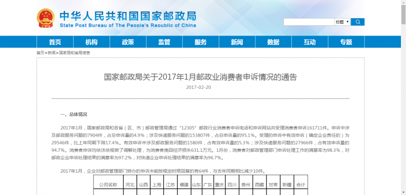 国家邮政局关于2017年1月邮政业消费者申诉情况的通告
